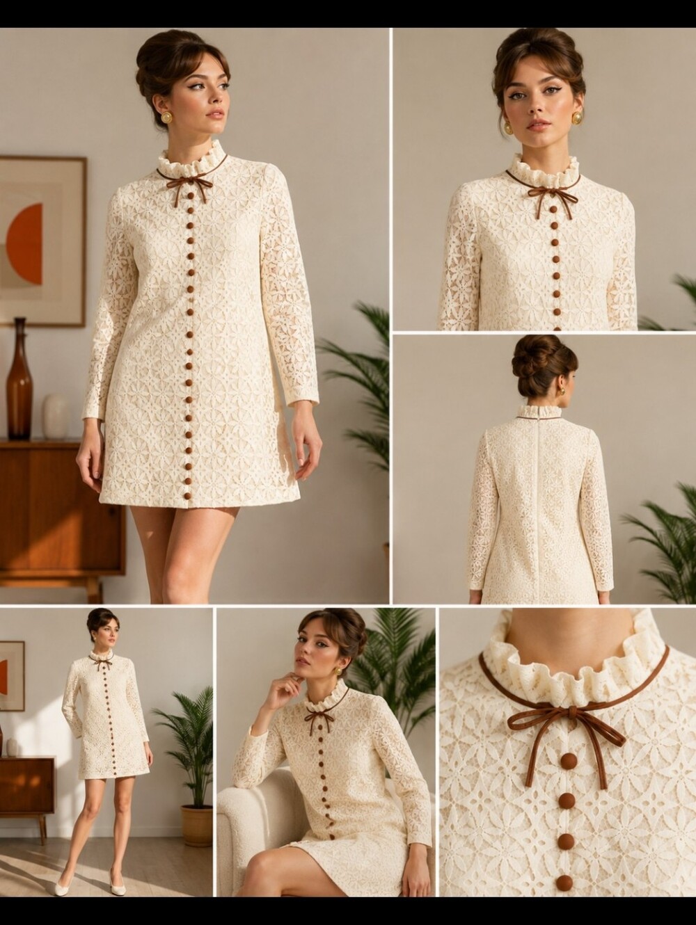 Vintage 1970s Joseph Ribkoff Cream Floral Openwork Mini Dress Made in Canada
